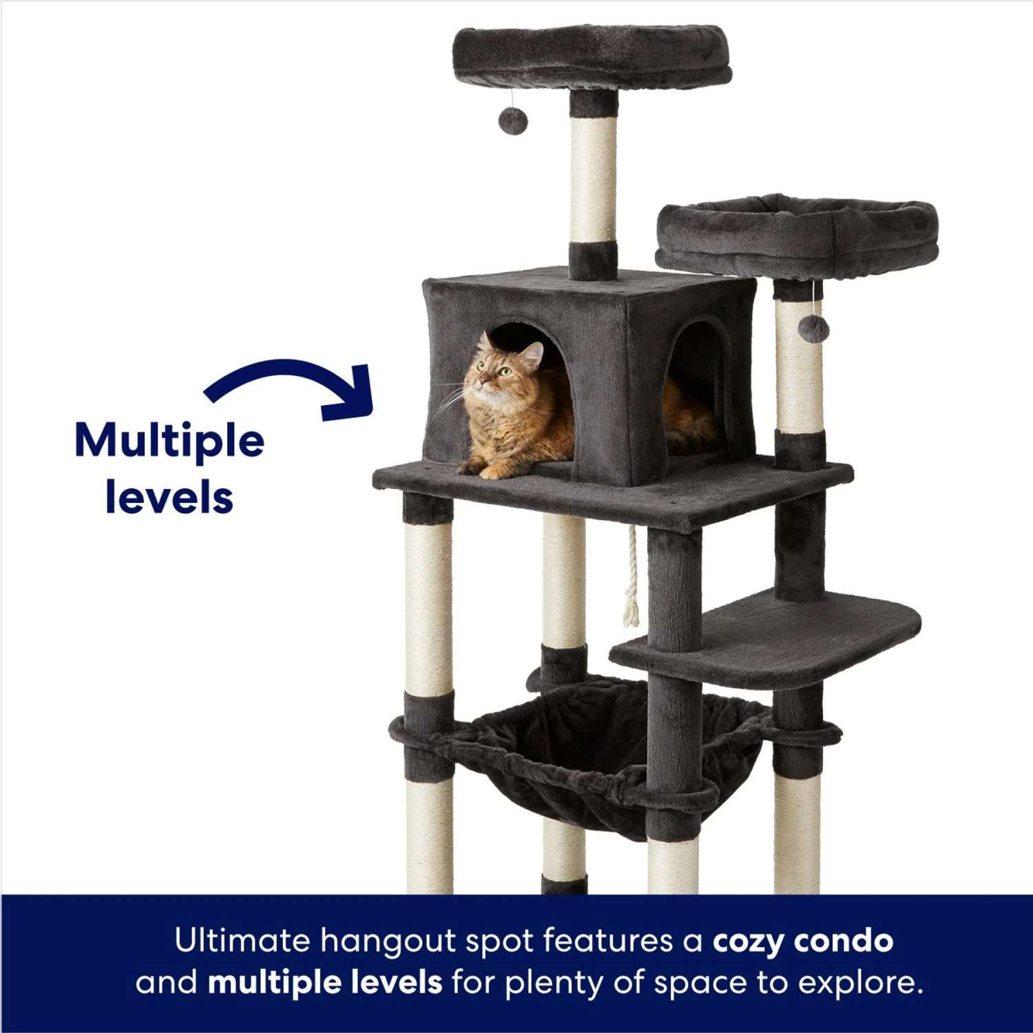 Frisco 64-in Cat Tree With Hammock, Condo, 2 Top Perches With Bed 5 Frisco 64-in Cat Tree With Hammock, Condo, 2 Top Perches With Bed - Image 3