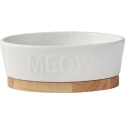 Frisco Oval Meow Non-skid Ceramic Cat Bowl With Wood Base