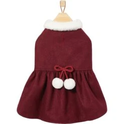 Frisco Mediumweight Pom Pom Bow Dog & Cat Peacoat Dress, Red -Frisco 268200 PT4. AC SS1800 V1628825859